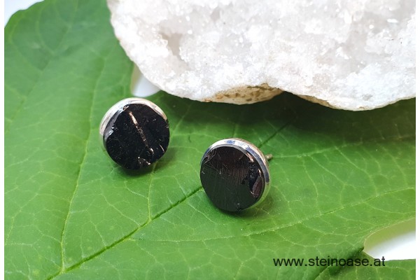 Ohrstecker Edel-Schungit mit Silberfassung, Natur, 12mm